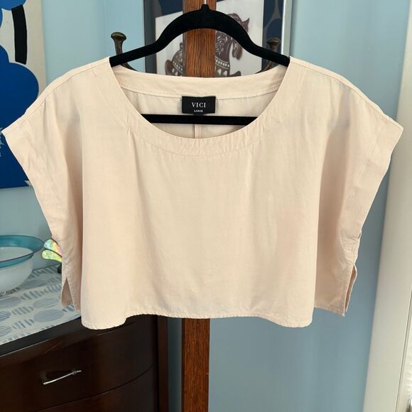 Vivi Cream Scoop Neck Linen Blend Boxy Crop Top size L - Picture 2 of 7